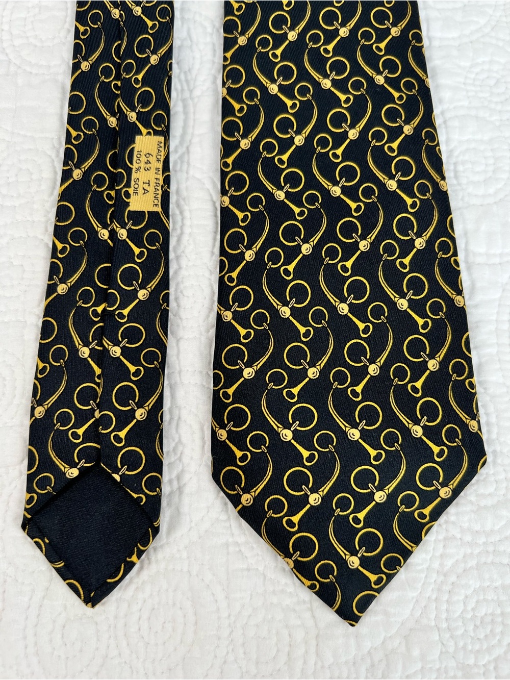 Vintage Hermès Silk Tie 643 TA Black Gold Horsebit Equestrian Scarf Print France